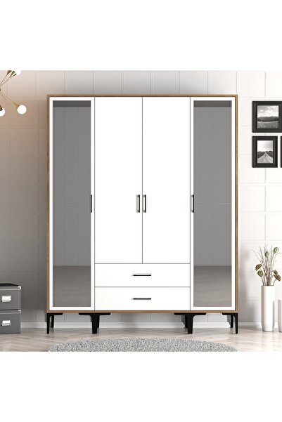 Variant Mobilya Kumsal 4 Kapılı Gardrop Rtr - Ceviz / Beyaz