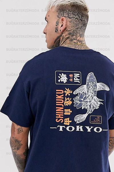 Buğraterzimoda Унисекс тениска с щампа Tokyo Back Oversize, тъмносиня