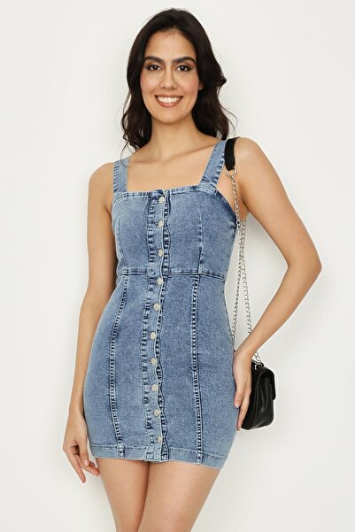 Select Moda Rochie mini din denim pentru femei, cu închidere cu nasturi, cu bretele
