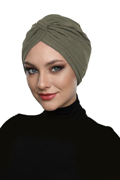 fidan bone Cotton Banded Cross Lined Army Green Ready-Made Turban Hijab Pool Cap