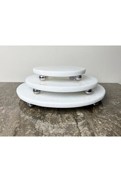 Modestmarluxury Natural Plain White Marble Round 3-Piece Presentation Set Silver Ball Leg Plain White