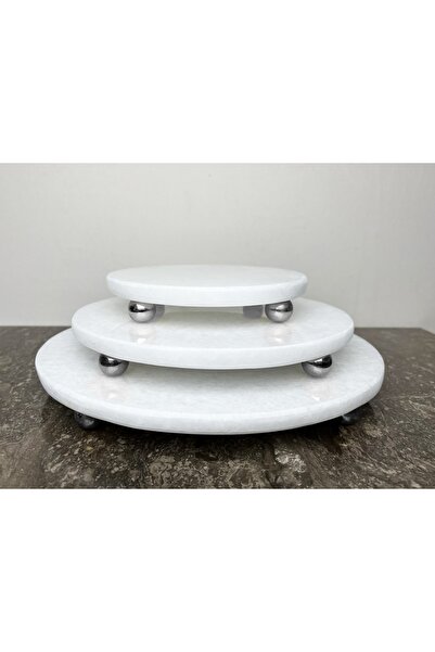 Modestmarluxury Natural Plain White Marble Round 3-Piece Presentation Set Silver Ball Leg Plain White