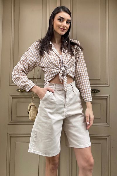 Trend Alaçatı Stili Női bézs magas derekú, széles szárú Bermuda farmer rövidnadrág ALC-X8174