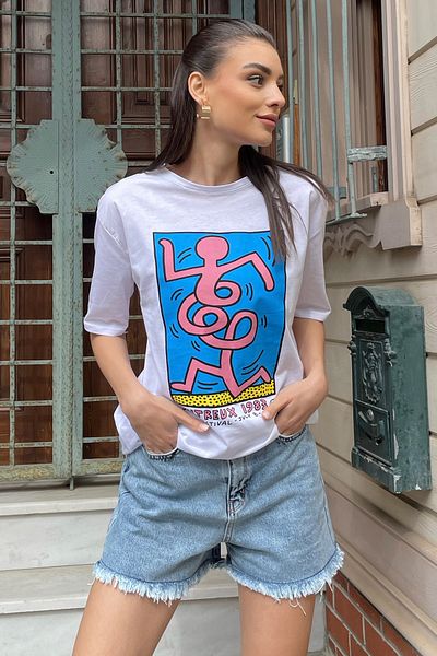 Trend Alaçatı Stili Women's White Crew Neck Front and Back Printed Oversize T-Shirt ALC-X9971