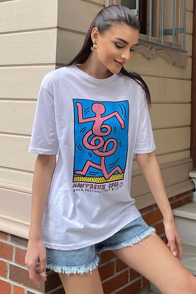 Trend Alaçatı Stili Women's White Crew Neck Front and Back Printed Oversize T-Shirt ALC-X9971