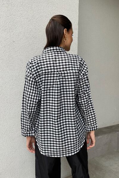 Trend Alaçatı Stili Női fekete mini négyzet alakú mintás Oversize szőtt ing ALC-X9977
