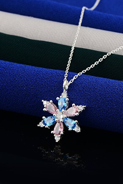 Bilsen Store 925 Ayar Gümüş Zincirli Akuamarin Pembe Taşlı Lotus Kamelya Çiçeği Kolye