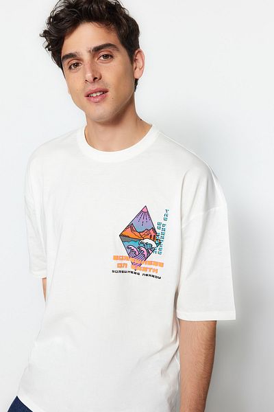 Trendyol Collection Βαμβακερό μπλουζάκι με στάμπα εκρού καμπαρέ - TMNSS23TS00316