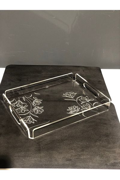 Pleksi Atölyesi Luxury Decorative Transparent Plexiglass Tray with Flower Design 36x26cm