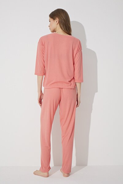 Siyah İnci Somon Soft Touch Ince Örme Nakışlı Pijama Takım