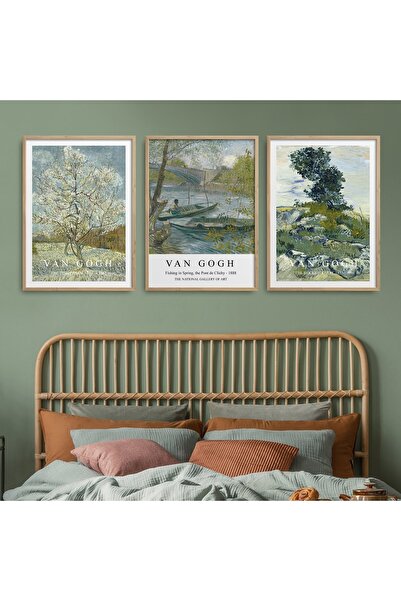 HOMEPACK 3'lü Set Doğal Ahşap Lamine Çerçeveli Klasik Eserler Soyut Vincent Van Gogh 30x40cm 40x60cm Hpn134