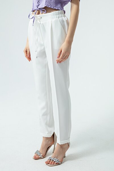 Lafaba Dámské bílé šněrované mrkvové kalhoty v pase