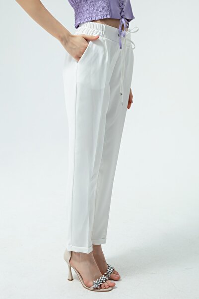Lafaba Dámské bílé šněrované mrkvové kalhoty v pase