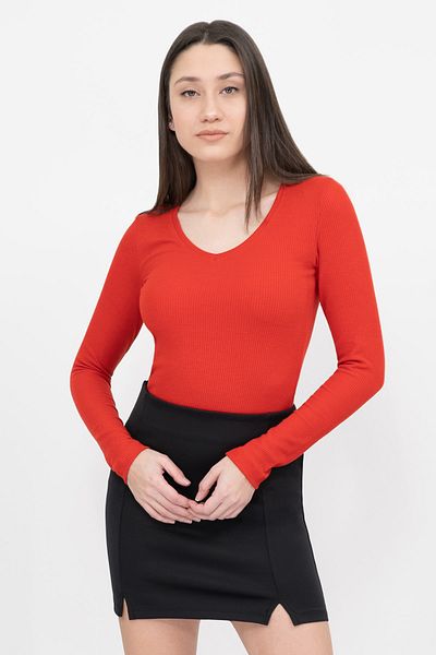 Soyo Women's Red V-Neck Long Sleeve Ribbed Knitted Basic Blouse