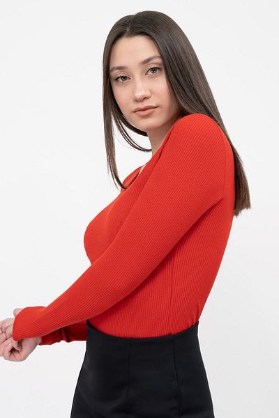Soyo Women's Red V-Neck Long Sleeve Ribbed Knitted Basic Blouse