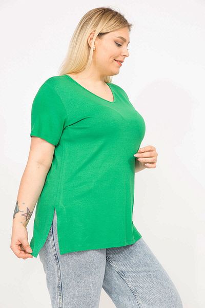 Şans Women's Green Large Size V-Neck Viscose Blouse 65n35800