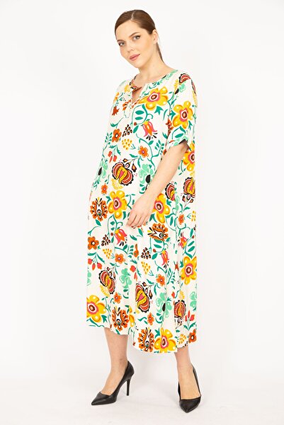 Şans Жіночий кольоровий великий розмір тканий віскозний одяг з передніми ґудзиками та кишенями 65n35839