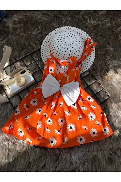 Minizade Büyük Papatya Çiçekli Şapkalı Yazlık Kız Bebek Elbise