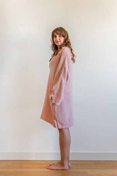 Zeliha Baysan Women's Muslin Long Sleeve Low-Cut Pink Dress