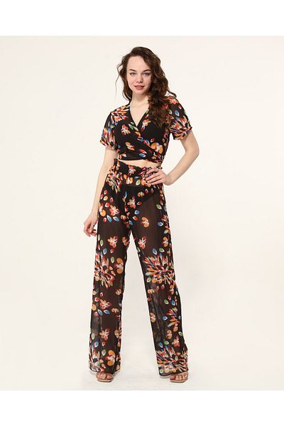 Bolder Nico Schwarzes Strandhosen-Crop-Set mit Dahlienmuster