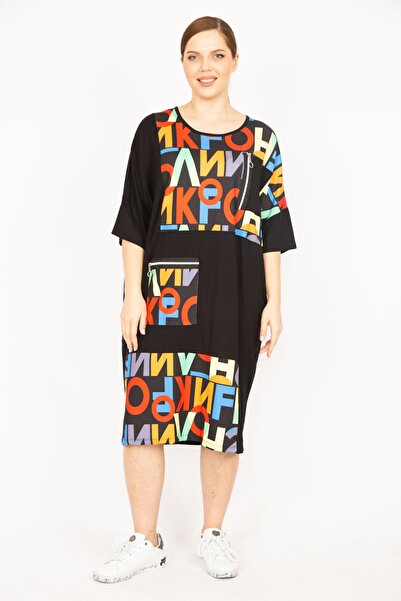 Şans Women's Black Plus Size Dress with Digital Printing and Ornamental Zipper Detail 65n35841