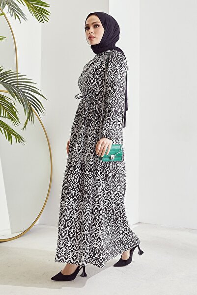 InStyle Belted Naya Spiral Pattern Dress - Black