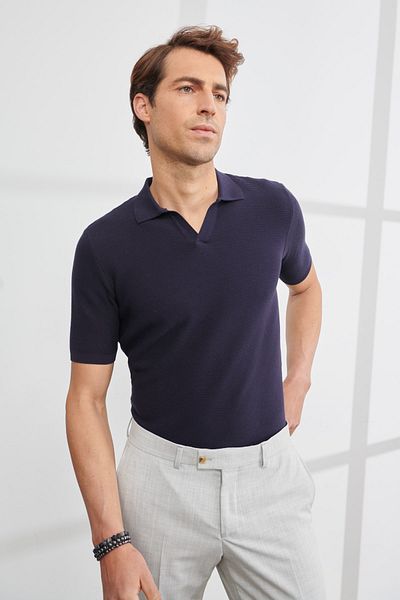 ALTINYILDIZ CLASSICS Men's Navy Blue Standard Fit Regular Cut Polo Neck Short Sleeve Knitwear