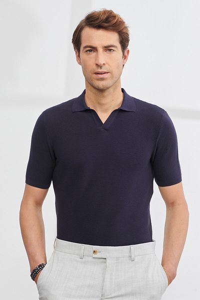 ALTINYILDIZ CLASSICS Men's Navy Blue Standard Fit Regular Cut Polo Neck Short Sleeve Knitwear