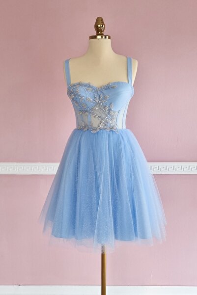 Lenta Moda Buz Mavi Simli Mini Gece Ve Parti Elbisesi