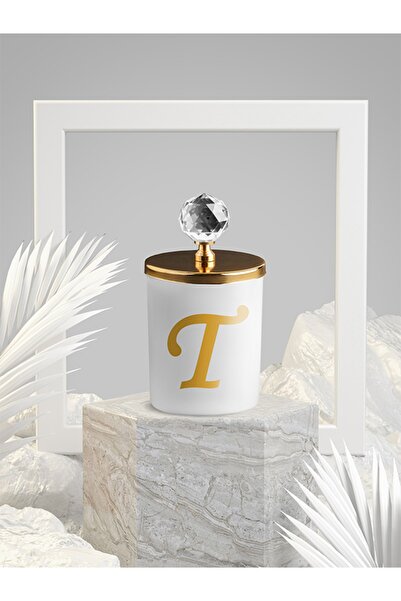 Tiem Concept Özel Tasarım T Harfli Vanilya Kokulu Gold Kristal Tepelikli Beyaz Bardak Mum
