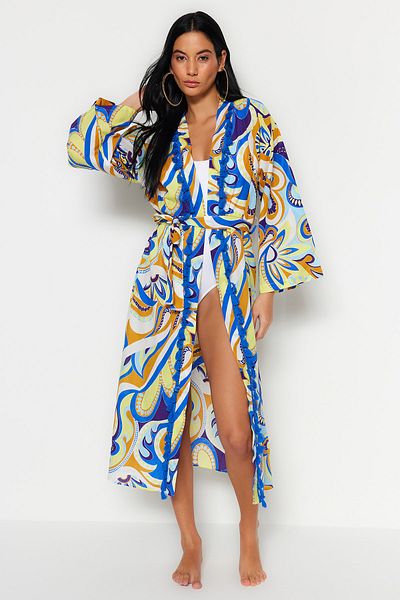 Trendyol Collection Midi-Kimono und Kaftan aus 100 % Baumwolle mit abstraktem Muster, Gürtel, gewebten Quasten und TBESS21KM0020