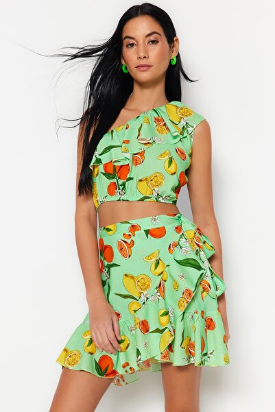 Trendyol Collection Fruit Print Woven Flounce One Shoulder Blouse Beach Skirt Suit Tbess23Au00173