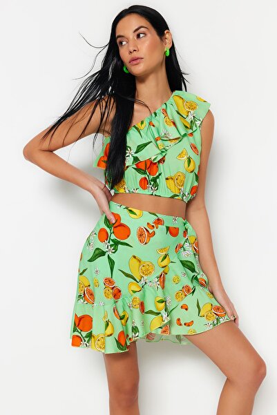 Trendyol Collection Fruit Print Woven Flounce One Shoulder Blouse Beach Skirt Suit Tbess23Au00173