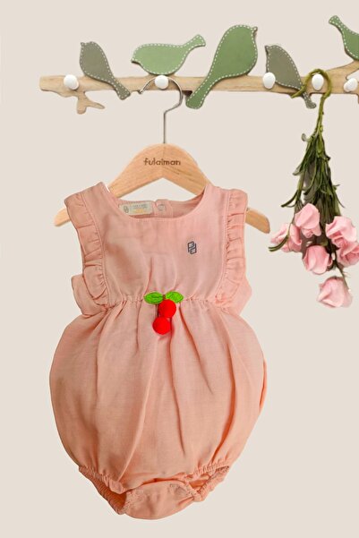 inci wear Müslün Kumaş Şapkalı Kız Bebek Yazlık Salopet Kiraz Detaylı Zıbın G...