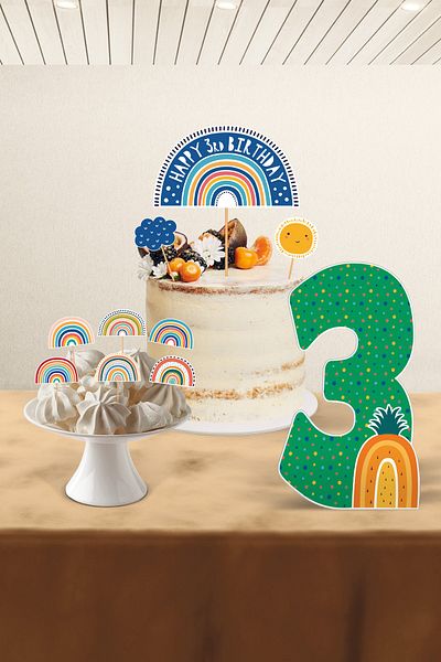 Hey Parti Σετ πάρτι γενεθλίων Boho Baby Multicolor με θέμα το ουράνιο τόξο 3 ετών - Tiny