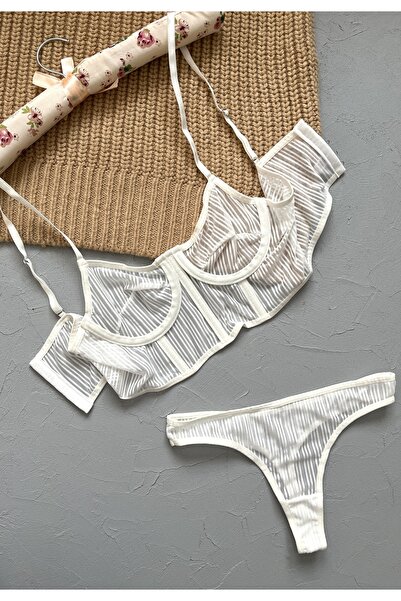 EDLİNGERİE Beyaz Beyaz Çizgili Bralet Takımı