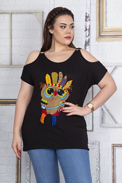 Şans Γυναικεία κέντημα σε μεγάλο μέγεθος μαύρο μπροστά λεπτομερή μπλούζα εκτός ώμου 65n22720