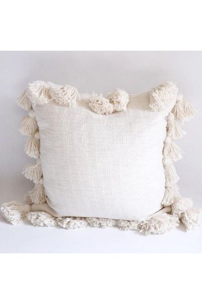 EACHTOME Throw Pillow Handmade Decorative Tassel Pillow Ecru