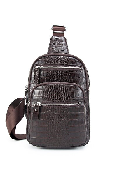 KANGAROO KINGDOM Postacı Sırt Çantası Hakiki Dana Deri Kroko Koyu Kahverengi Unisex 8156-ck