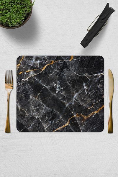 Decorita Set of 2| Glass Plate - Breakfast Plate| Black Marble Look with Brown Detail| 29cm X 34cm