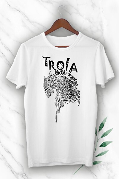 perseusshopping Tricou cu imprimeu unisex alb cu mitologie cal troian