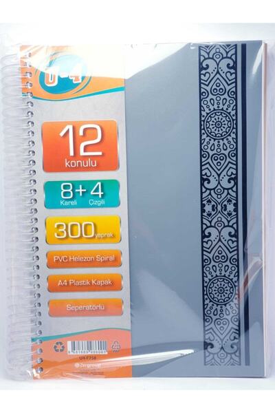Zersan U4 8+4 Bölümlü 300 Yaprak A4 Sipralli Ayraçlı Defter 8 Kareli 4 Çizgil...