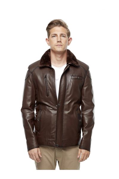 Hodore Men's Furry Brown Leather Coat