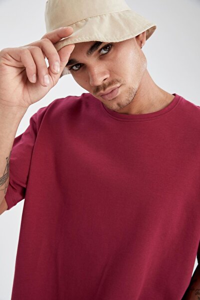 DeFacto Erkek Bordo Oversize Fit Bisiklet Yaka Pamuklu Basic T-Shirt