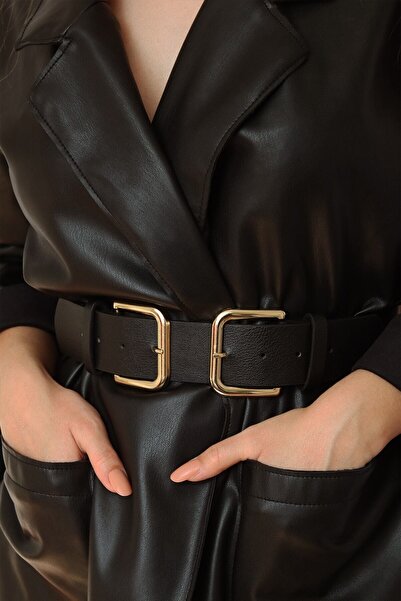 TRENDY ACCESSORY Kadın Siyah Gold Çift Tokalı Kemer