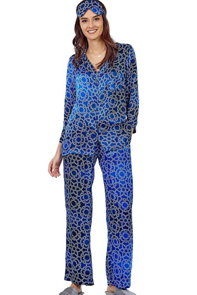 Nomads Felt İpek Gömlek-Pantolon / Pijama Takımı | Mavi-Lacivert Desenli | No...
