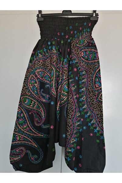 Butik Tülin Siyah Otantik Pamuk Renkli Baskılı Şalvar Pantolon