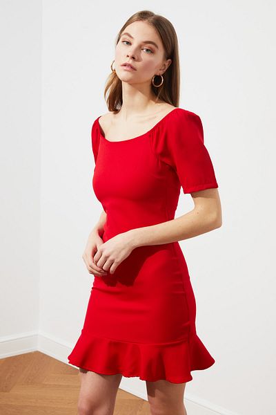 Trendyol Collection Red Body Hugging Flounce Mini Woven Dress TWOSS20EL0399
