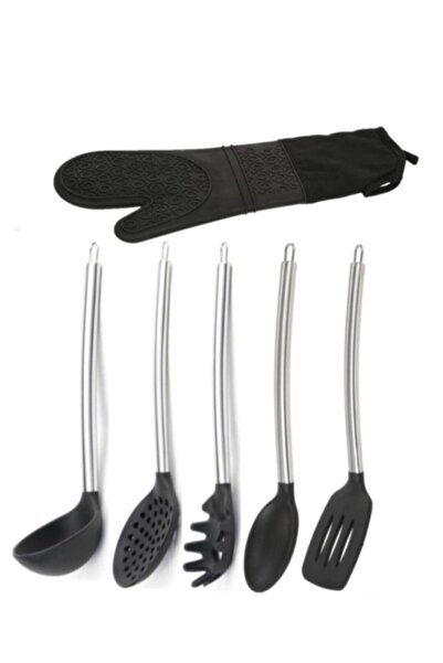 Epinox Siyah Silikon Kaşık Spatula Kepçe Spagetti Kaşığı Kevgir. Eldiven Mutfak Seti