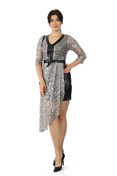 butaelle butik Kadın Payetli Deri Abiye Elbise